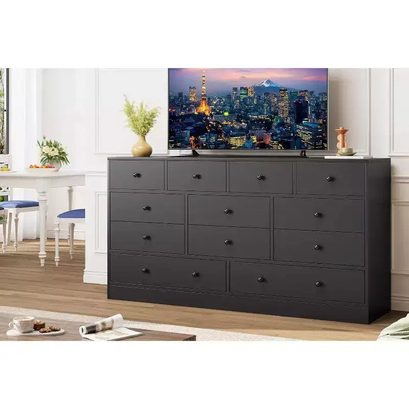 12 Drawer Dresser for Bedroom, 61'' Modern Dresser TV Stand with Charging Station, Large Wooden Chest Od Drawers for Nursery, Closet, Living Room