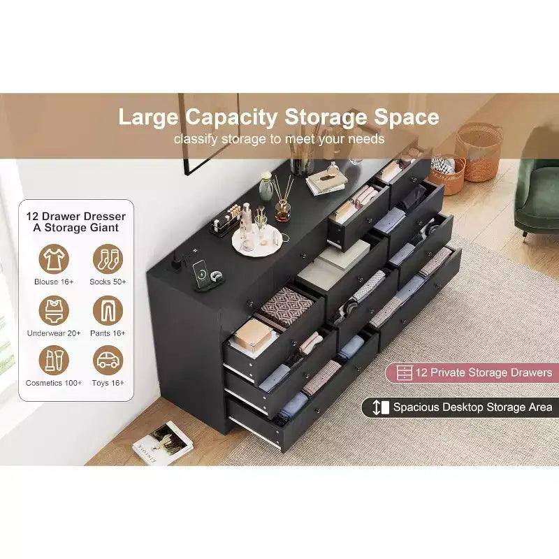 12 Drawer Dresser for Bedroom, 61'' Modern Dresser TV Stand with Charging Station, Large Wooden Chest Od Drawers for Nursery, Closet, Living Room
