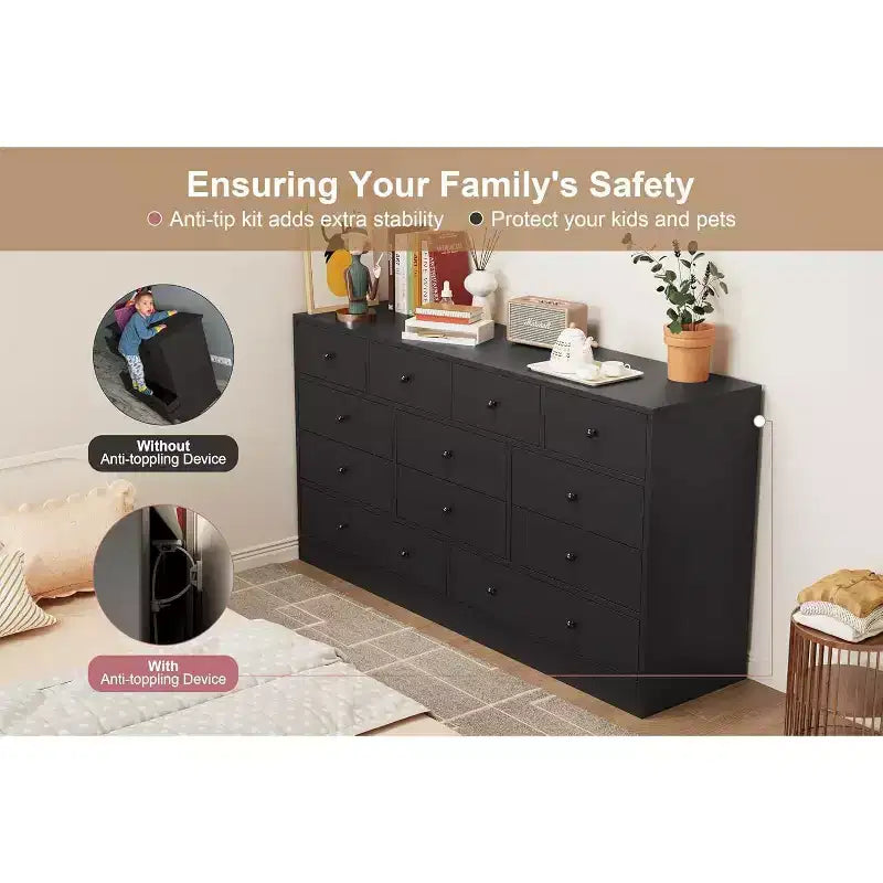 12 Drawer Dresser for Bedroom, 61'' Modern Dresser TV Stand with Charging Station, Large Wooden Chest Od Drawers for Nursery, Closet, Living Room