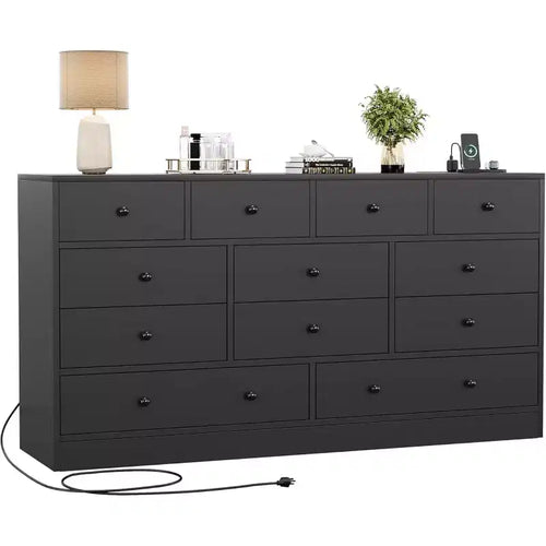 12 Drawer Dresser for Bedroom, 61'' Modern Dresser TV Stand with Charging Station, Large Wooden Chest Od Drawers for Nursery, Closet, Living Room