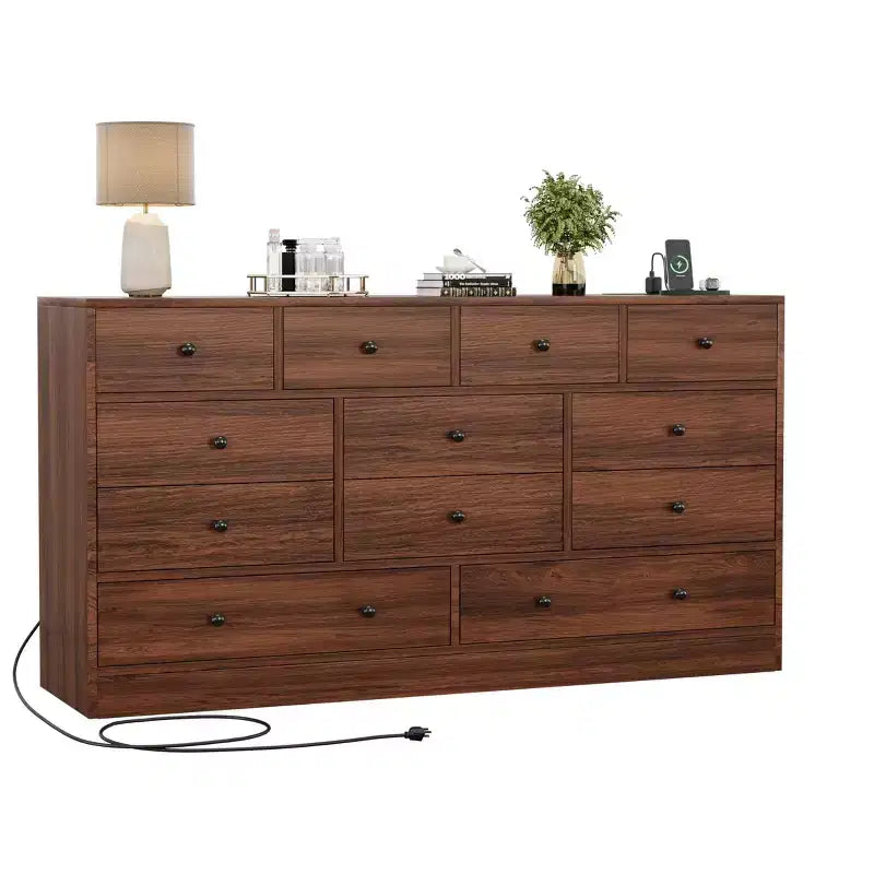 12 Drawer Dresser for Bedroom, 61'' Modern Dresser TV Stand with Charging Station, Large Wooden Chest Od Drawers for Nursery, Closet, Living Room