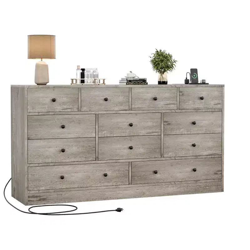 12 Drawer Dresser for Bedroom, 61'' Modern Dresser TV Stand with Charging Station, Large Wooden Chest Od Drawers for Nursery, Closet, Living Room