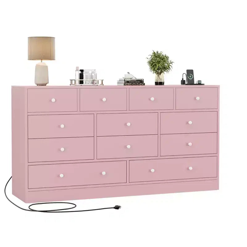 12 Drawer Dresser for Bedroom, 61'' Modern Dresser TV Stand with Charging Station, Large Wooden Chest Od Drawers for Nursery, Closet, Living Room