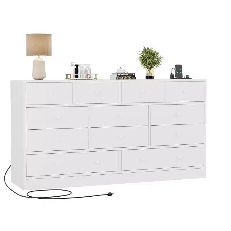 12 Drawer Dresser for Bedroom, 61'' Modern Dresser TV Stand with Charging Station, Large Wooden Chest Od Drawers for Nursery, Closet, Living Room
