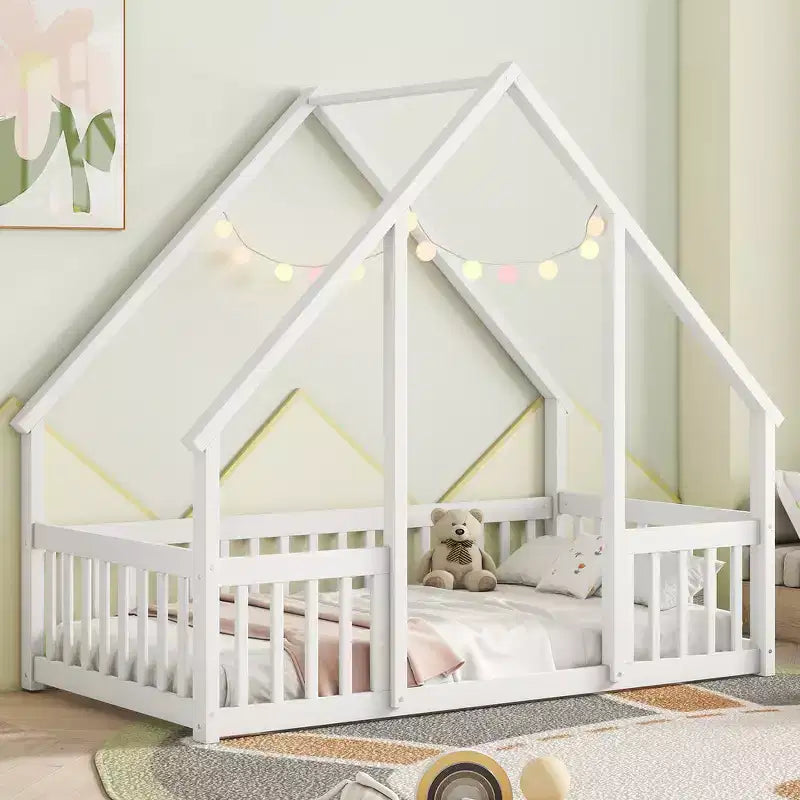 GDFStudio Dyras Modern Wooden House-Shaped Floor Bed with Fence and Guardrails