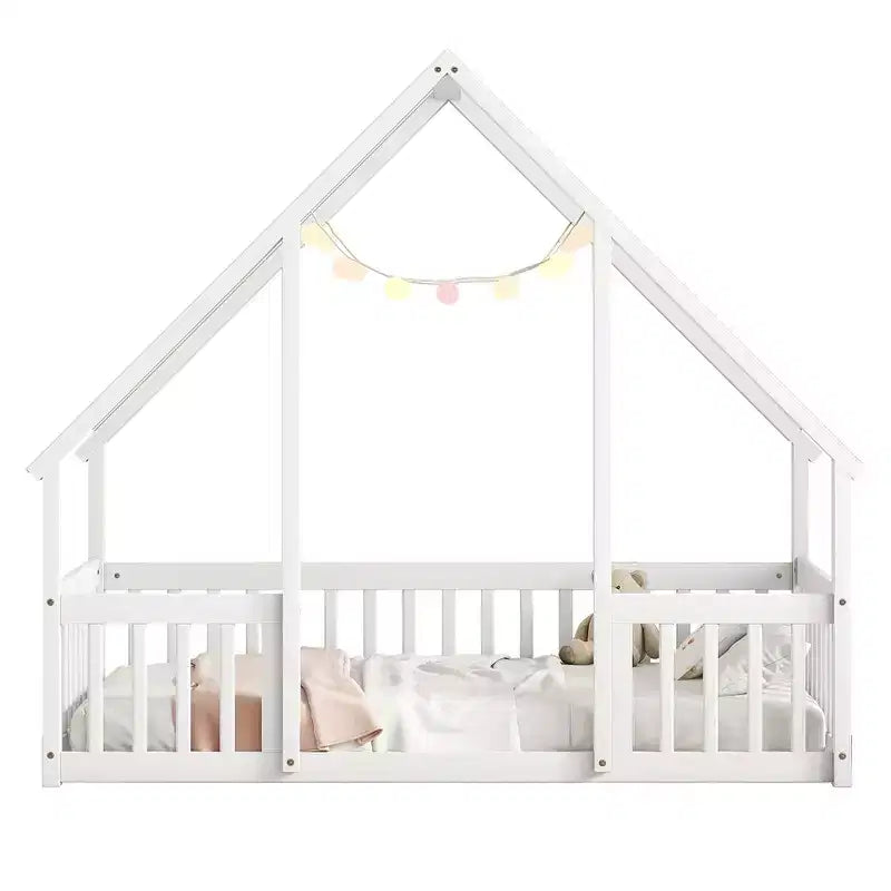 GDFStudio Dyras Modern Wooden House-Shaped Floor Bed with Fence and Guardrails