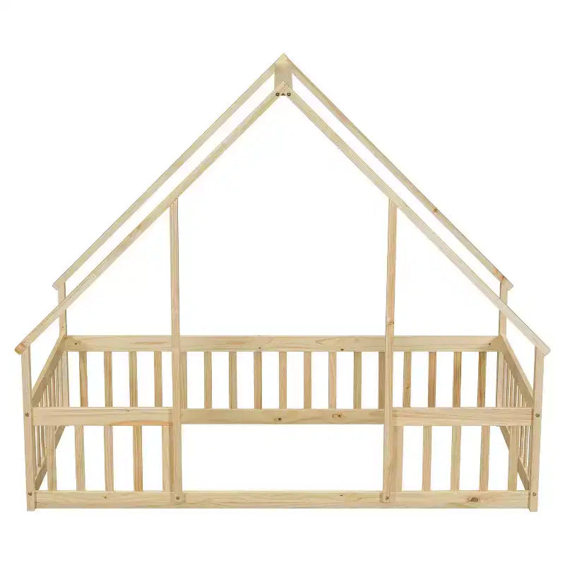 GDFStudio Dyras Modern Wooden House-Shaped Floor Bed with Fence and Guardrails