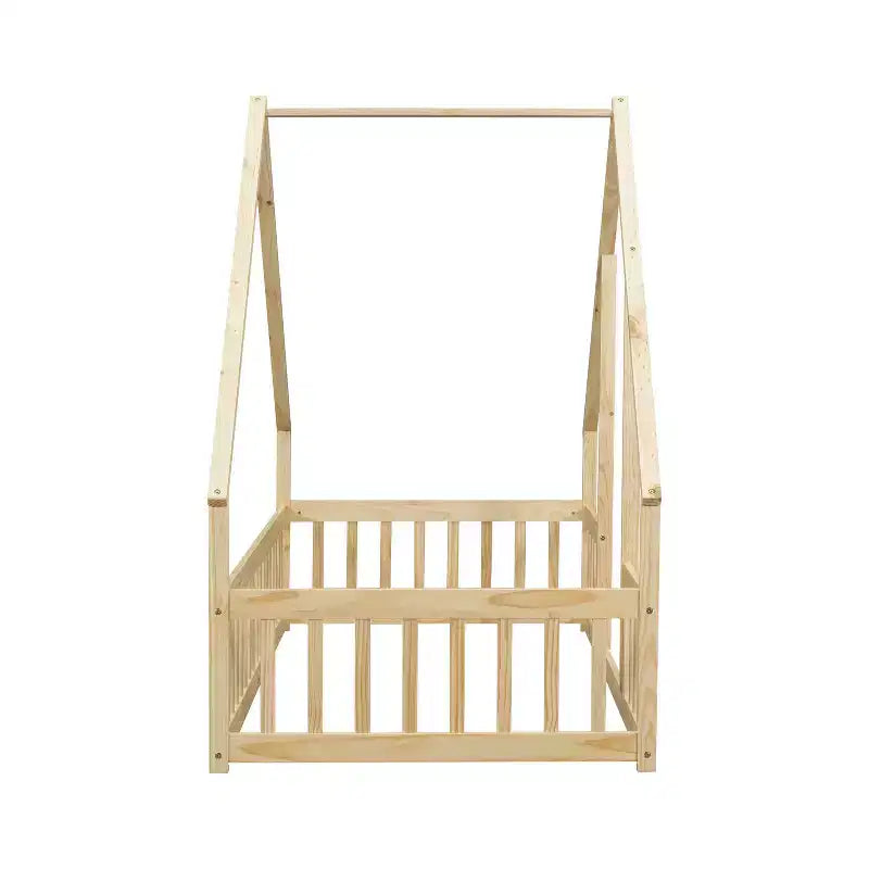 GDFStudio Dyras Modern Wooden House-Shaped Floor Bed with Fence and Guardrails