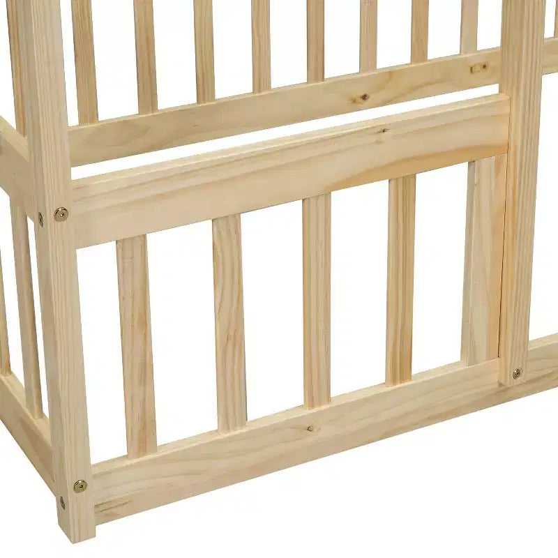 GDFStudio Dyras Modern Wooden House-Shaped Floor Bed with Fence and Guardrails