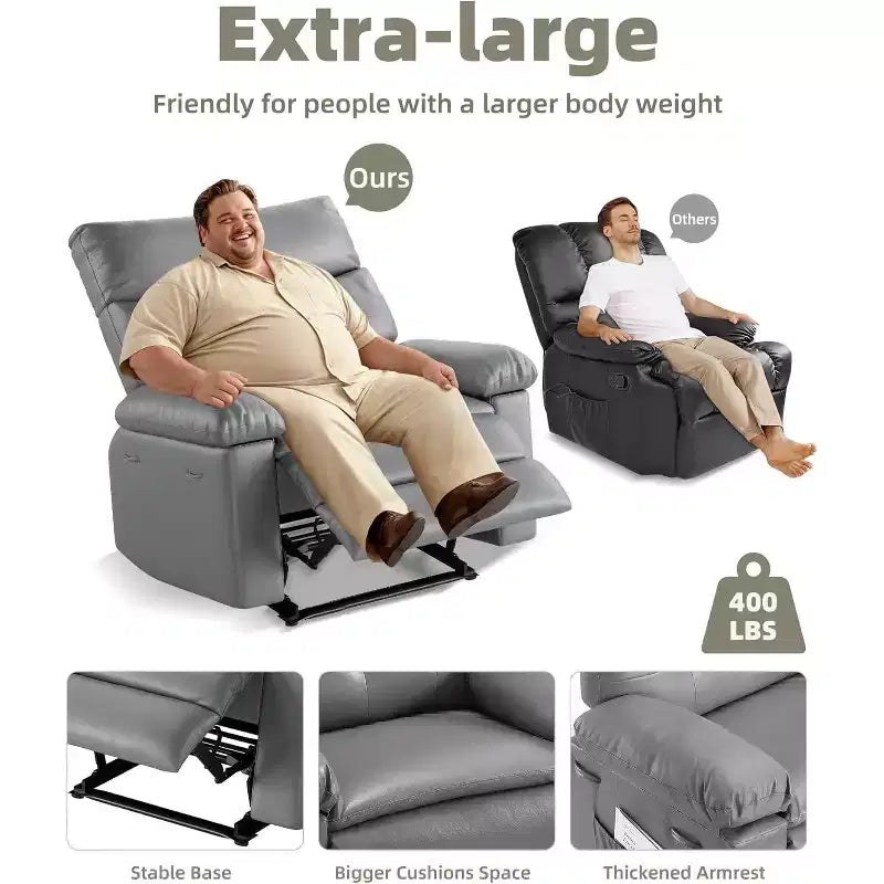 27 Oversized Manual Recliner Chair, Classic Leather Recliner with Lumbar & Arm Support, Home Theater Seating for Living Room & Bedroom