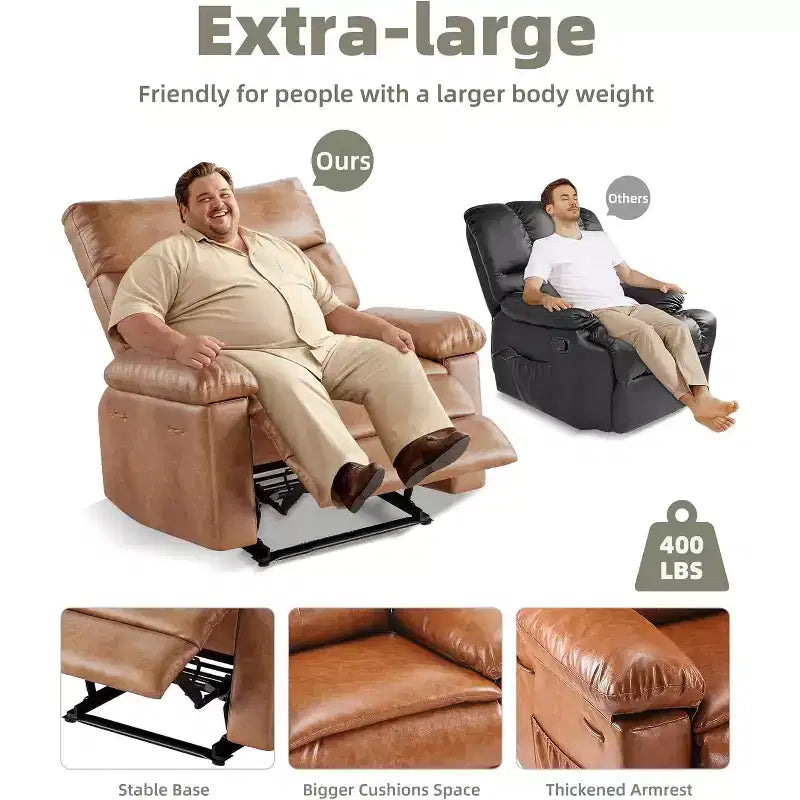 27 Oversized Manual Recliner Chair, Classic Leather Recliner with Lumbar & Arm Support, Home Theater Seating for Living Room & Bedroom