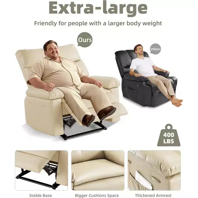 27 Oversized Manual Recliner Chair, Classic Leather Recliner with Lumbar & Arm Support, Home Theater Seating for Living Room & Bedroom