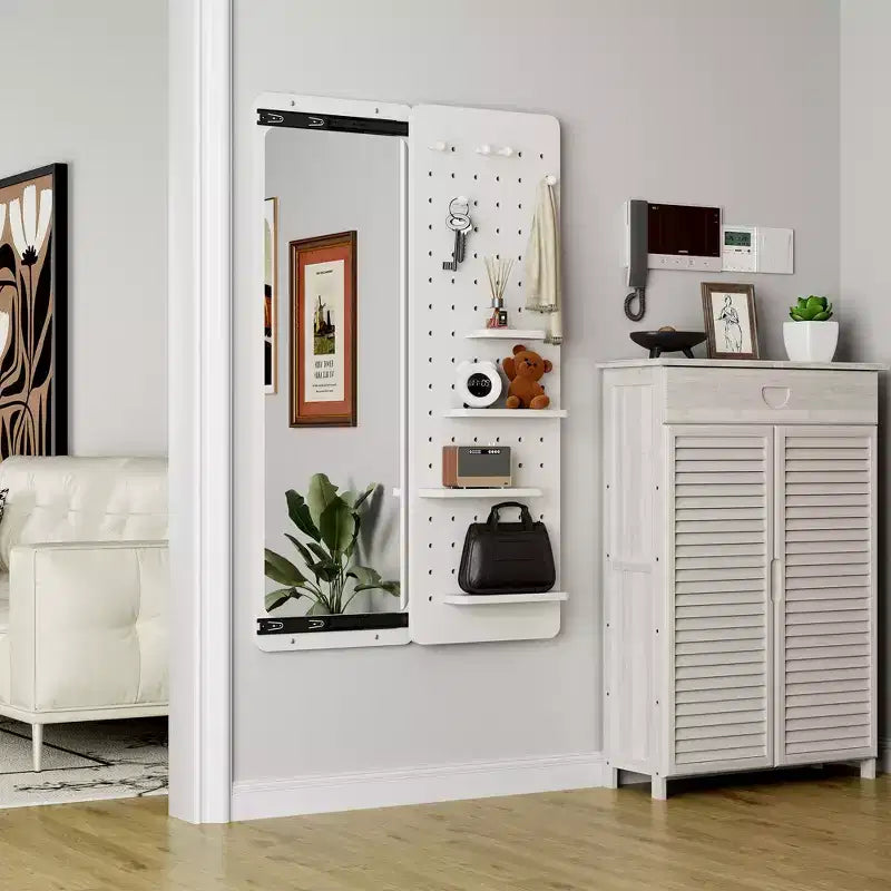 Wall Mounted Full Length Mirror, Full Body Mirror with Shelf, Full Body Mirror with Hook Wall Mounted Mirror with Multifunctional Design Panel