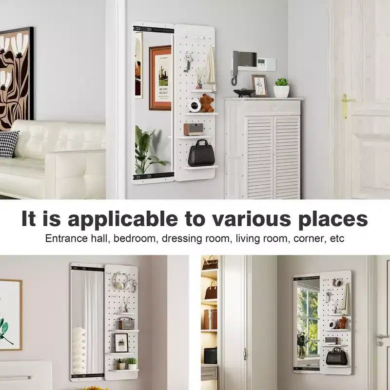 Wall Mounted Full Length Mirror, Full Body Mirror with Shelf, Full Body Mirror with Hook Wall Mounted Mirror with Multifunctional Design Panel