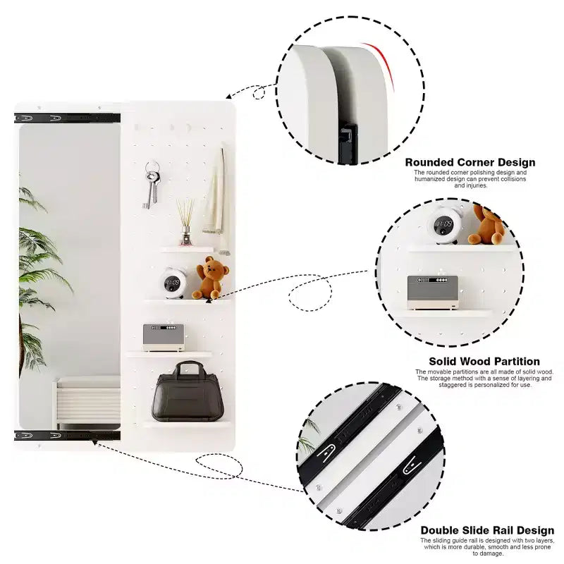 Wall Mounted Full Length Mirror, Full Body Mirror with Shelf, Full Body Mirror with Hook Wall Mounted Mirror with Multifunctional Design Panel
