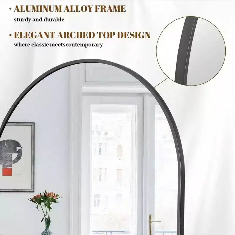 30x71 Black Arched Full Length Mirror. Aluminum Frame, Versatile Standing, Hanging, or Leaning Use for Any Room