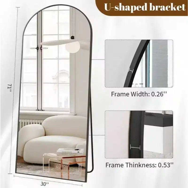 30x71 Black Arched Full Length Mirror. Aluminum Frame, Versatile Standing, Hanging, or Leaning Use for Any Room