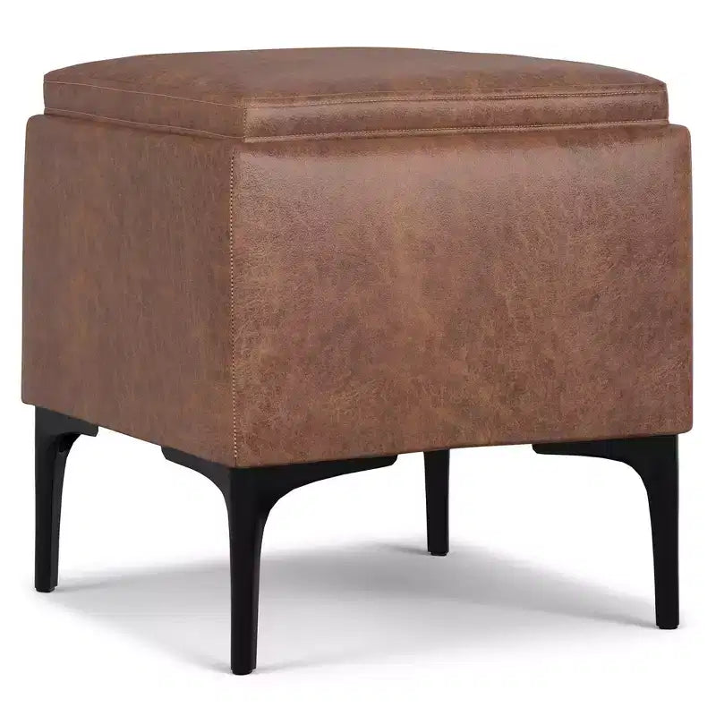 Evianna 18 inch Wide Contemporary Square Mid Century Storage Ottoman with Tray in Distressed Saddle Brown Vegan Faux Leather