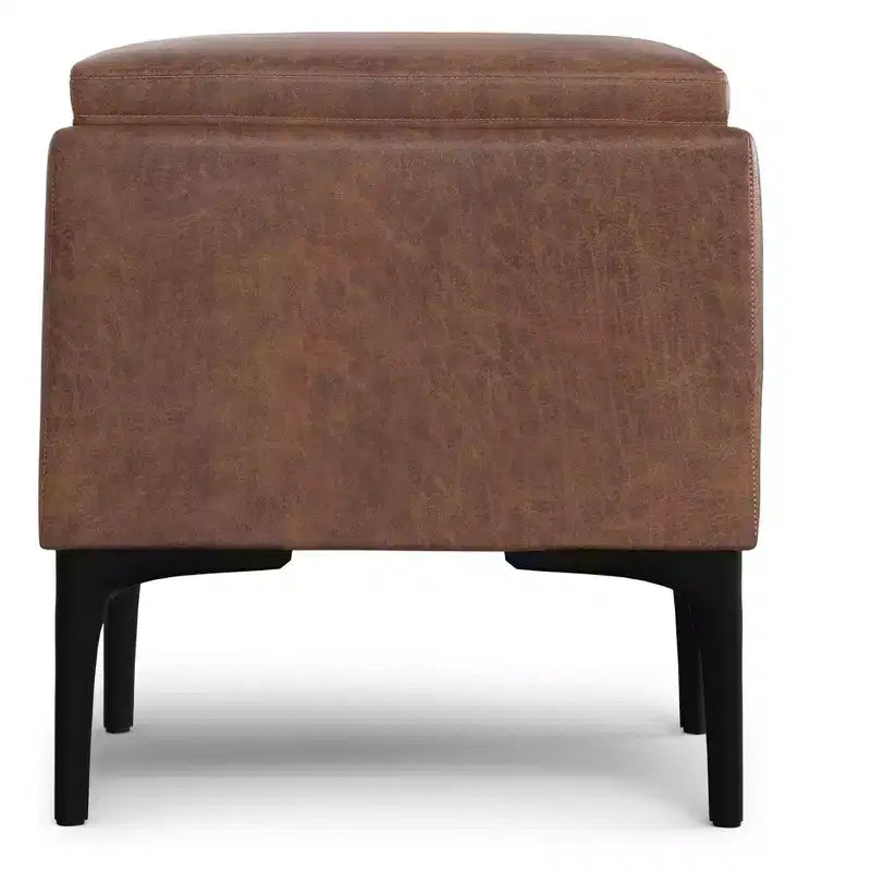 Evianna 18 inch Wide Contemporary Square Mid Century Storage Ottoman with Tray in Distressed Saddle Brown Vegan Faux Leather
