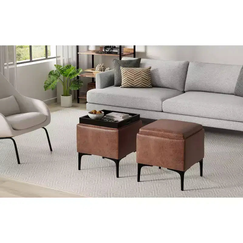 Evianna 18 inch Wide Contemporary Square Mid Century Storage Ottoman with Tray in Distressed Saddle Brown Vegan Faux Leather