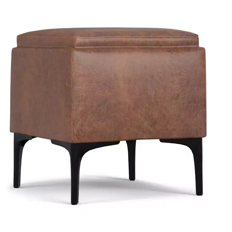 Evianna 18 inch Wide Contemporary Square Mid Century Storage Ottoman with Tray in Distressed Saddle Brown Vegan Faux Leather