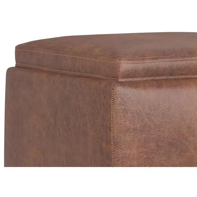 Evianna 18 inch Wide Contemporary Square Mid Century Storage Ottoman with Tray in Distressed Saddle Brown Vegan Faux Leather