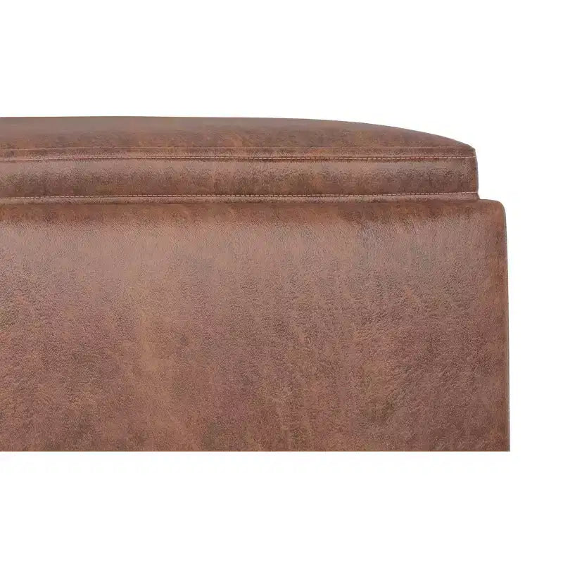 Evianna 18 inch Wide Contemporary Square Mid Century Storage Ottoman with Tray in Distressed Saddle Brown Vegan Faux Leather