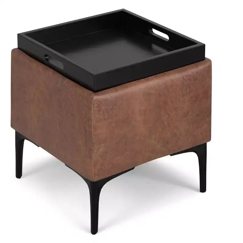 Evianna 18 inch Wide Contemporary Square Mid Century Storage Ottoman with Tray in Distressed Saddle Brown Vegan Faux Leather