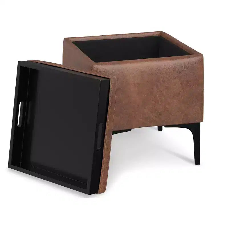 Evianna 18 inch Wide Contemporary Square Mid Century Storage Ottoman with Tray in Distressed Saddle Brown Vegan Faux Leather