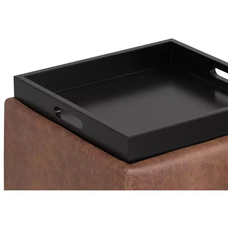 Evianna 18 inch Wide Contemporary Square Mid Century Storage Ottoman with Tray in Distressed Saddle Brown Vegan Faux Leather