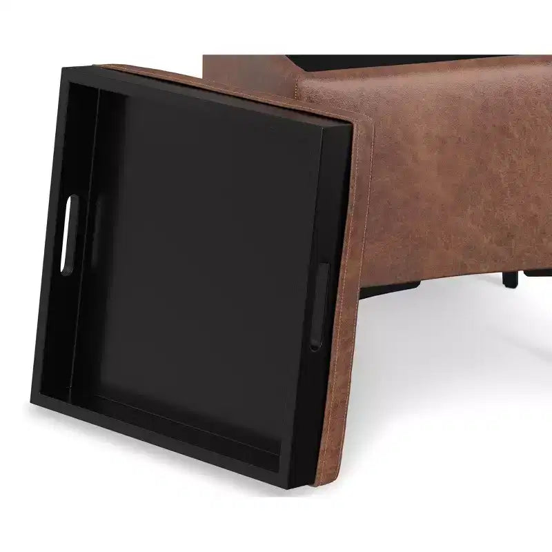 Evianna 18 inch Wide Contemporary Square Mid Century Storage Ottoman with Tray in Distressed Saddle Brown Vegan Faux Leather