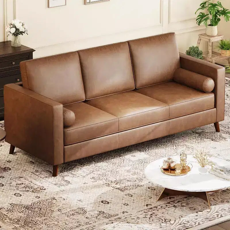 Acekool 86 Inch Mid Century Modern Leather Sofa 3 Seater Deep Seat Couch for Living Room
