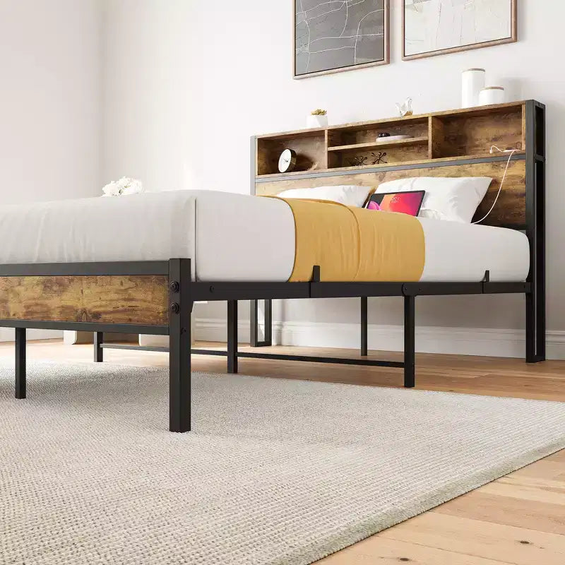 Full Size Bed Frame with Storage Headboard, Metal Platform Bed with Charging Station, Bookcase Storage, No Box Spring Needed, Easy Assembly
