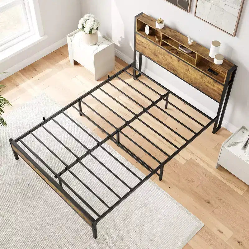 Full Size Bed Frame with Storage Headboard, Metal Platform Bed with Charging Station, Bookcase Storage, No Box Spring Needed, Easy Assembly