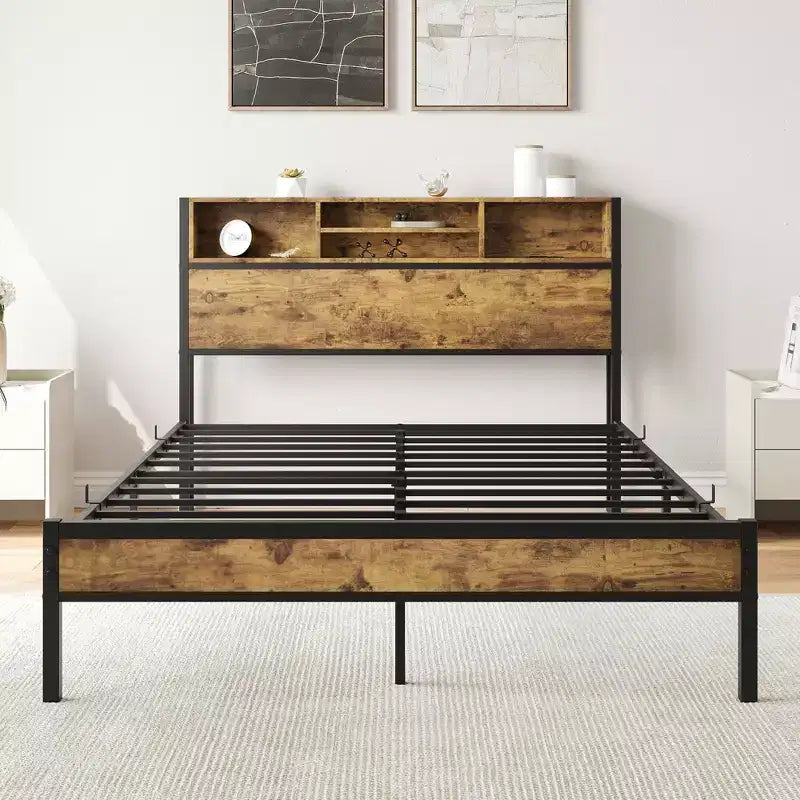 Full Size Bed Frame with Storage Headboard, Metal Platform Bed with Charging Station, Bookcase Storage, No Box Spring Needed, Easy Assembly