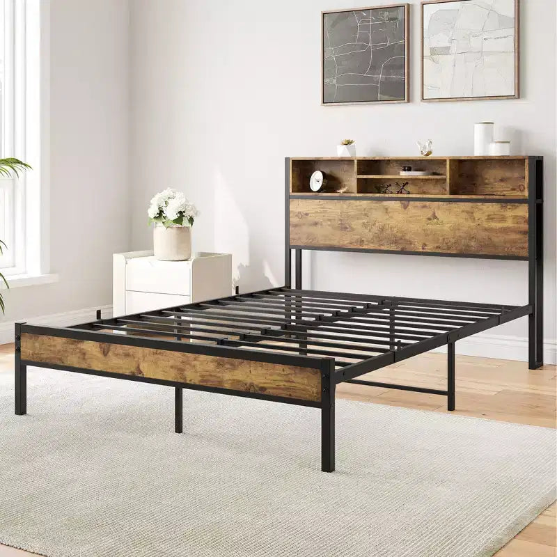 Full Size Bed Frame with Storage Headboard, Metal Platform Bed with Charging Station, Bookcase Storage, No Box Spring Needed, Easy Assembly