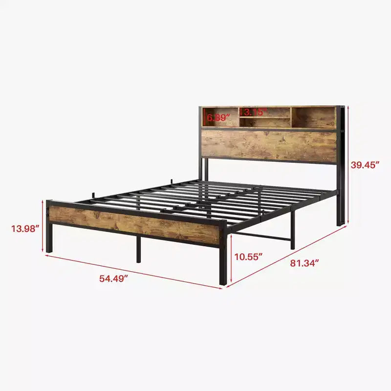 Full Size Bed Frame with Storage Headboard, Metal Platform Bed with Charging Station, Bookcase Storage, No Box Spring Needed, Easy Assembly