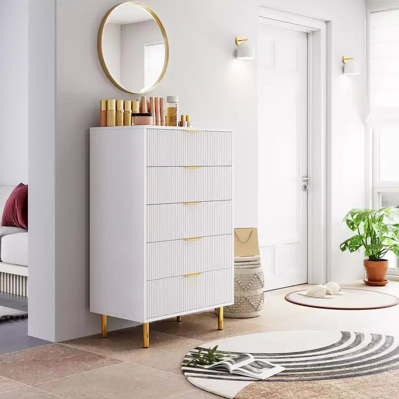 Acekool White 5 Drawer Dresser for Bedroom, 48 Tall Modern Chest, Gold Metal Legs, Grooved Accent, Storage Organizer for Home, Hallway, Office