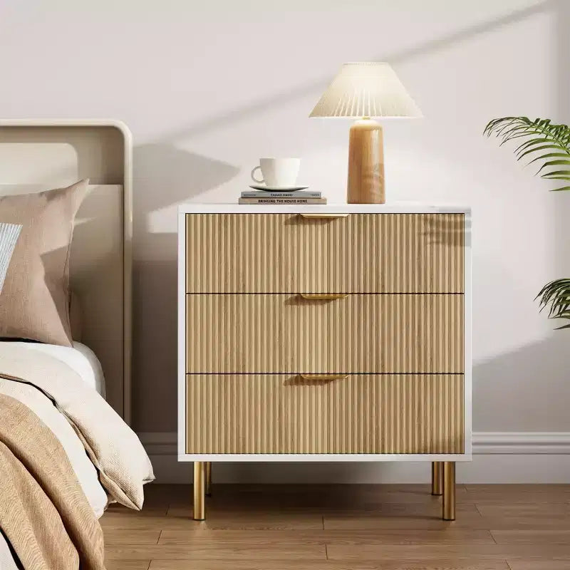Acekool White 5 Drawer Dresser for Bedroom, 48 Tall Modern Chest, Gold Metal Legs, Grooved Accent, Storage Organizer for Home, Hallway, Office