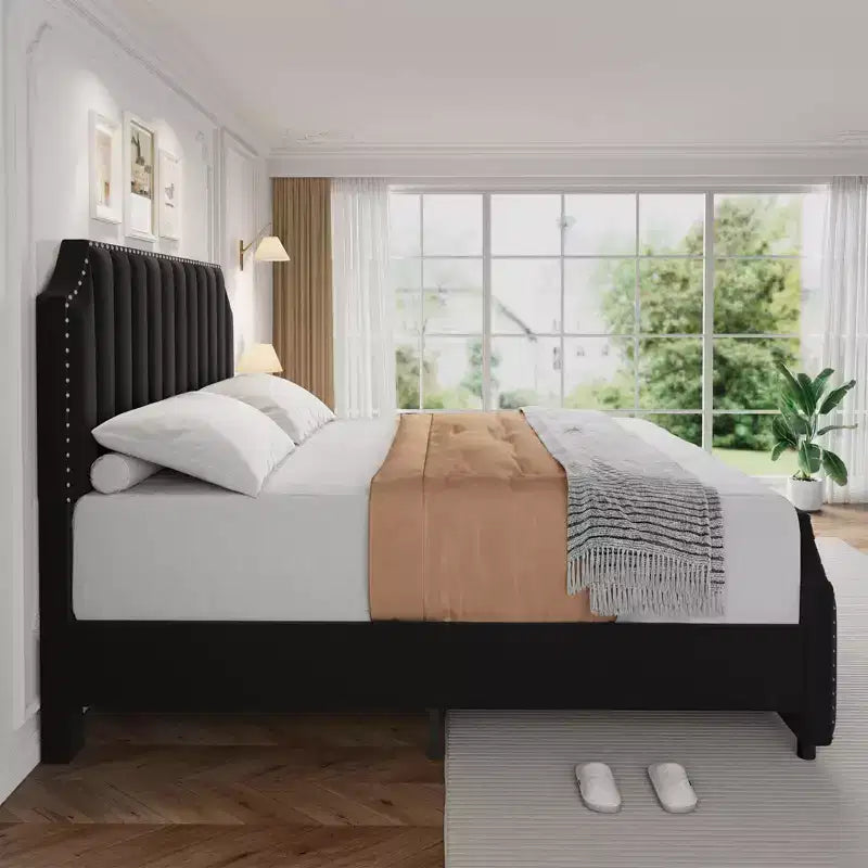 King Size Bed Frame, Platform Bed Frame with Velvet Upholstered 50.2'' Headboard, Rivet Decoration, Strong Wooden Slats, No Box Spring Needed, Black