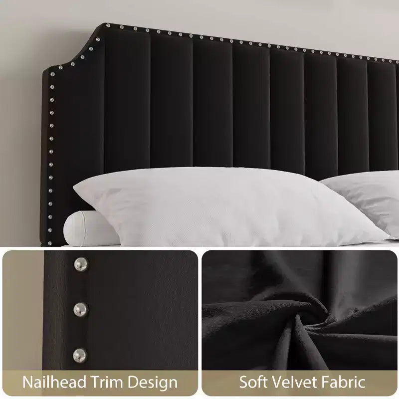 King Size Bed Frame, Platform Bed Frame with Velvet Upholstered 50.2'' Headboard, Rivet Decoration, Strong Wooden Slats, No Box Spring Needed, Black