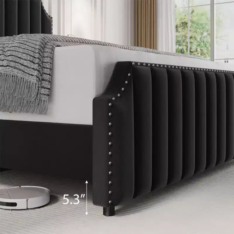 King Size Bed Frame, Platform Bed Frame with Velvet Upholstered 50.2'' Headboard, Rivet Decoration, Strong Wooden Slats, No Box Spring Needed, Black