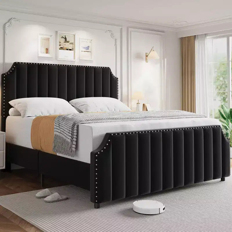 King Size Bed Frame, Platform Bed Frame with Velvet Upholstered 50.2'' Headboard, Rivet Decoration, Strong Wooden Slats, No Box Spring Needed, Black