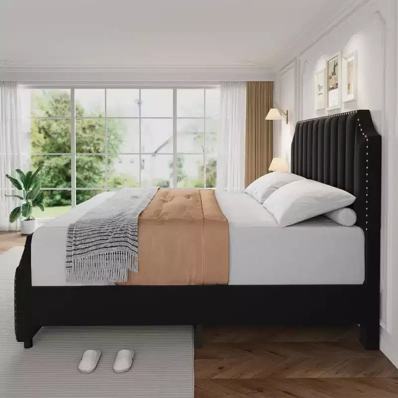 King Size Bed Frame, Platform Bed Frame with Velvet Upholstered 50.2'' Headboard, Rivet Decoration, Strong Wooden Slats, No Box Spring Needed, Black