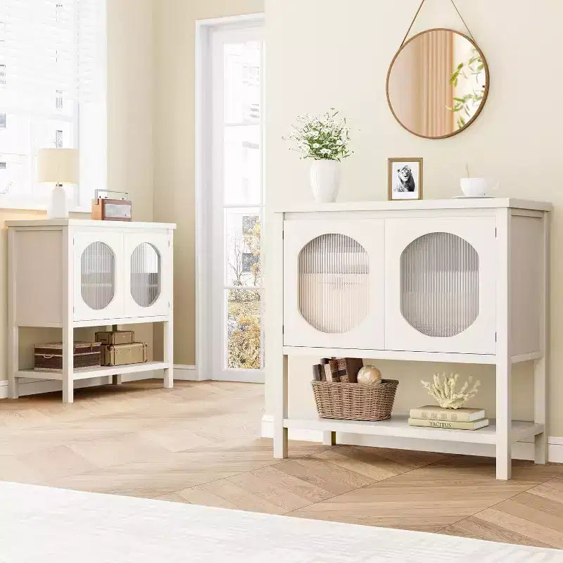 Narrow Long Sofa Table with 2-Glass Door Storage - Entryway Console Table and Coffee Bar Shelf for Living Room, Office, Hallway and Couch
