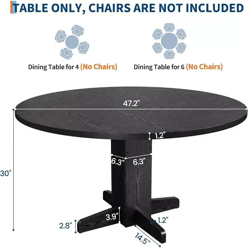 47-Inch Black Round Dining Table for 4-6 C Farmhouse Style C Sturdy Pedestal Base C Ideal for Living Room, Apartment, Dining Room
