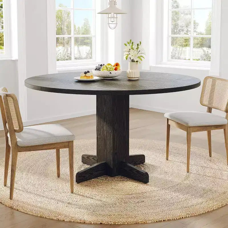47-Inch Black Round Dining Table for 4-6 C Farmhouse Style C Sturdy Pedestal Base C Ideal for Living Room, Apartment, Dining Room