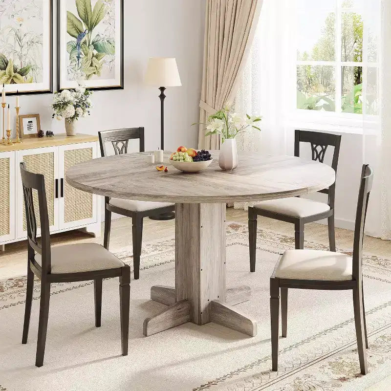 47-Inch Black Round Dining Table for 4-6 C Farmhouse Style C Sturdy Pedestal Base C Ideal for Living Room, Apartment, Dining Room