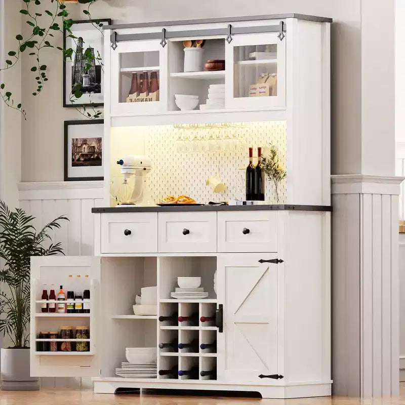 71in Farmhosue Pantry Bar Cabinet with Storage Rack, Rustic Kitchen Coffee Cabinet with Hutch, Sliding Door, Power Outlet, Pegboard, 3 Drawers, White