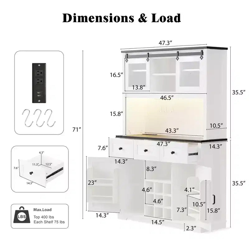 71in Farmhosue Pantry Bar Cabinet with Storage Rack, Rustic Kitchen Coffee Cabinet with Hutch, Sliding Door, Power Outlet, Pegboard, 3 Drawers, White